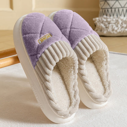 women's Rhombic Sewing Plush Slippers Winter Warm Non-slip House Shoes For Women Bedroom Floor Home Slipper Couple