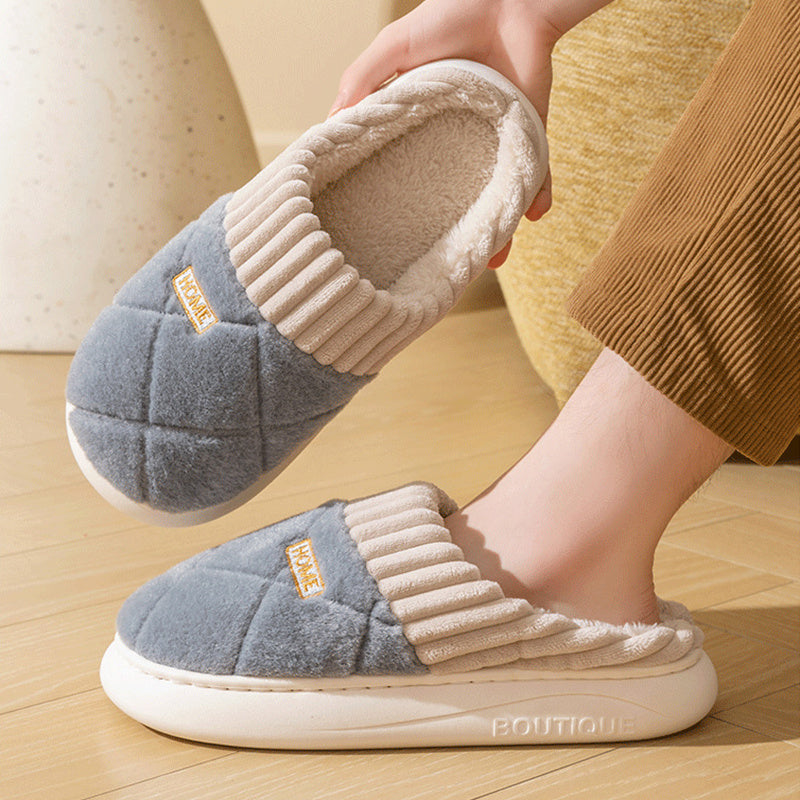 women's Rhombic Sewing Plush Slippers Winter Warm Non-slip House Shoes For Women Bedroom Floor Home Slipper Couple