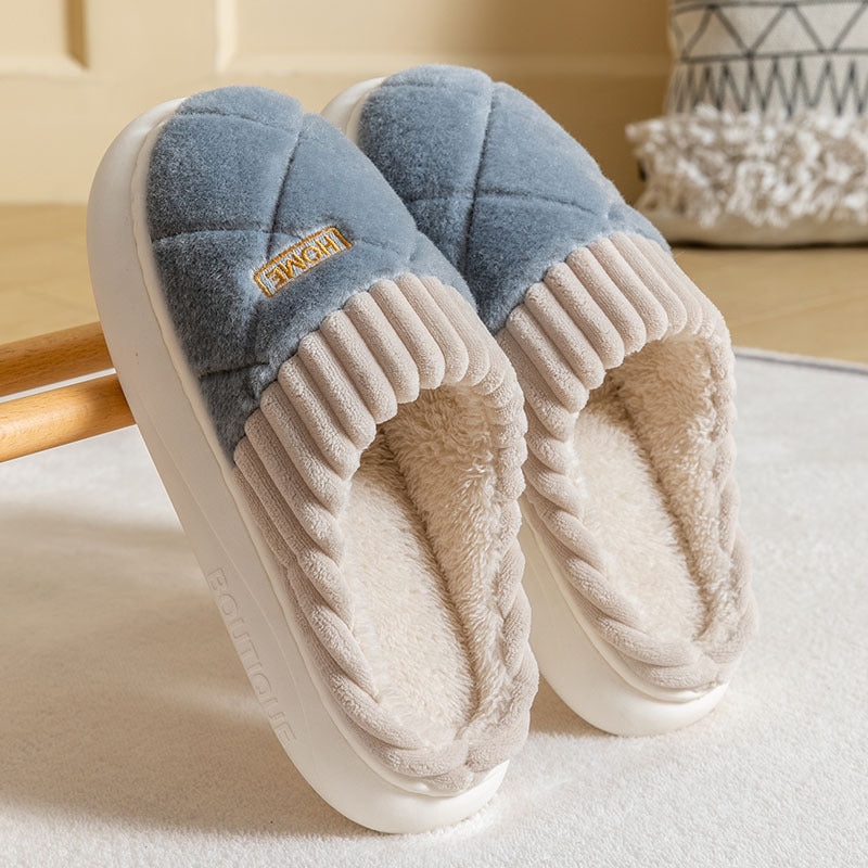 women's Rhombic Sewing Plush Slippers Winter Warm Non-slip House Shoes For Women Bedroom Floor Home Slipper Couple