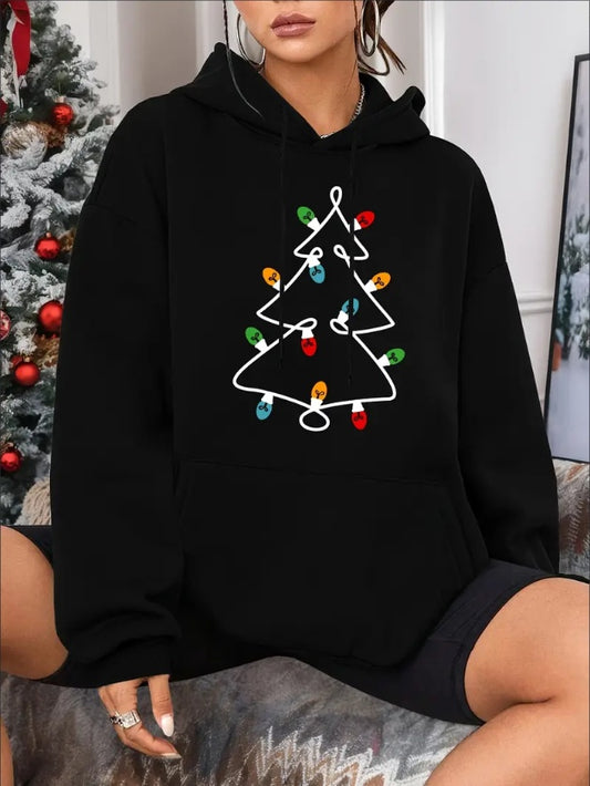 Christmas Tree Print Casual Hooded Sweatshirt, Long Sleeves Kangaroo Pocket Drawstring Hoodie, Women's Clothing